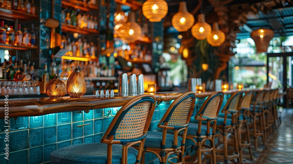 Elegant Bar Interior with Blue Tiled Counter and Rattan Bar Chairs ...