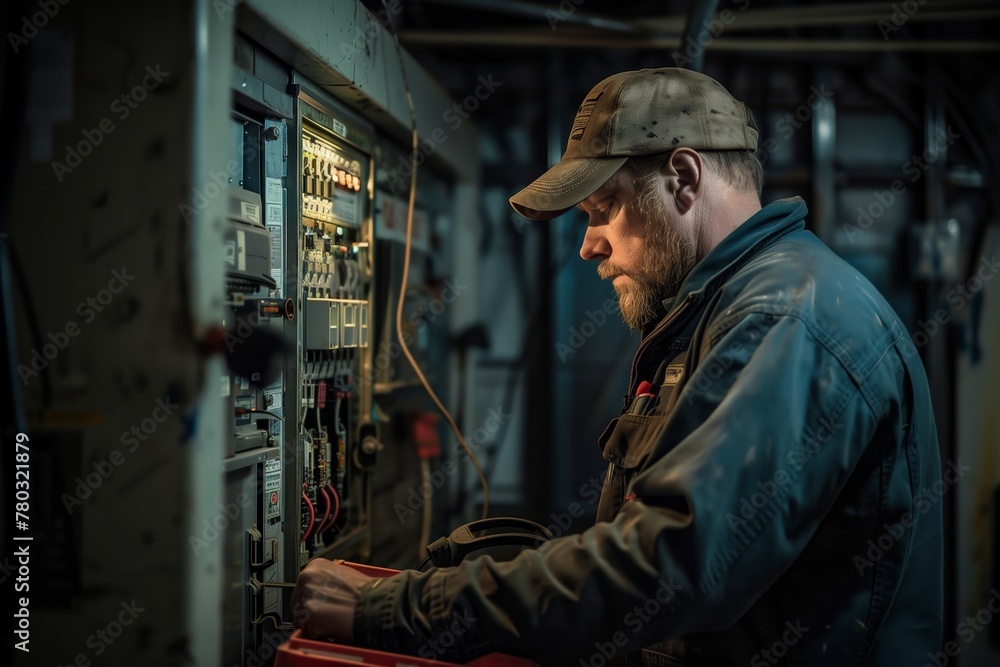 concentrated electrician troubleshooting electrical panel in industrial setting