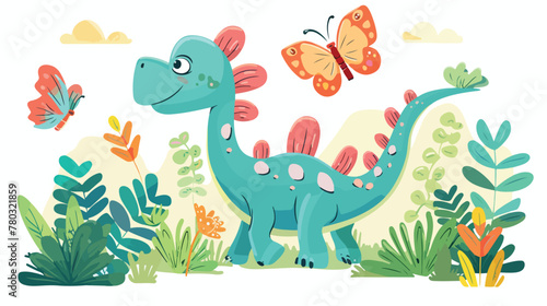 Cute dinosaur with butterfly vector illustrations.