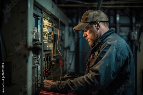 concentrated electrician troubleshooting electrical panel in industrial setting