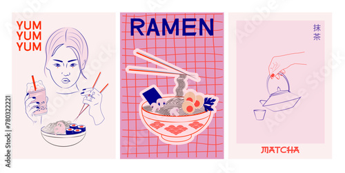 Aesthetic asian illustration street food, wok, ramen, sushi, matcha tea. Interior wall art, poster. Editable vector illustration. The inscription in Japanese means "Matcha tea".