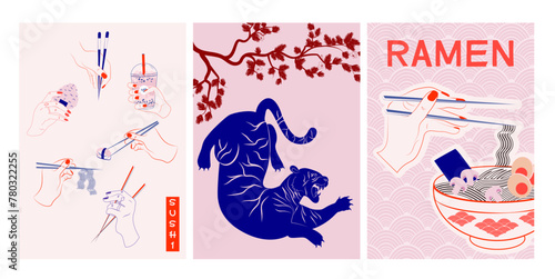 Aesthetic asian illustration with street food,ramen, sushi,  tiger illustration. Interior wall art, poster. Editable vector illustration.