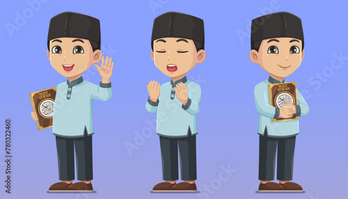Character set Moslem boy holding holy Quran and pray