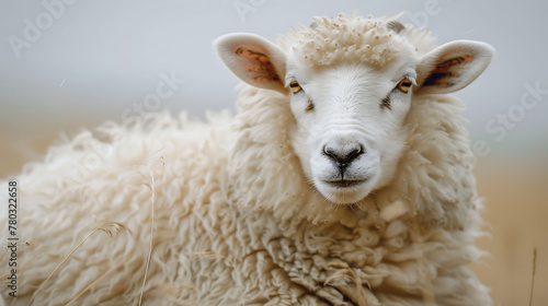closeup of a Sheep sitting calmly, hyperrealistic animal photography, copy space