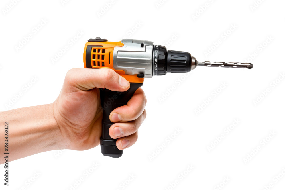 Person Holding Drill in Hand. On a White or Clear Surface PNG Transparent Background.
