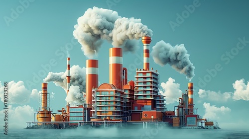 3D illustration of a modern factory with smoke and clouds in the style of a cartoon photo