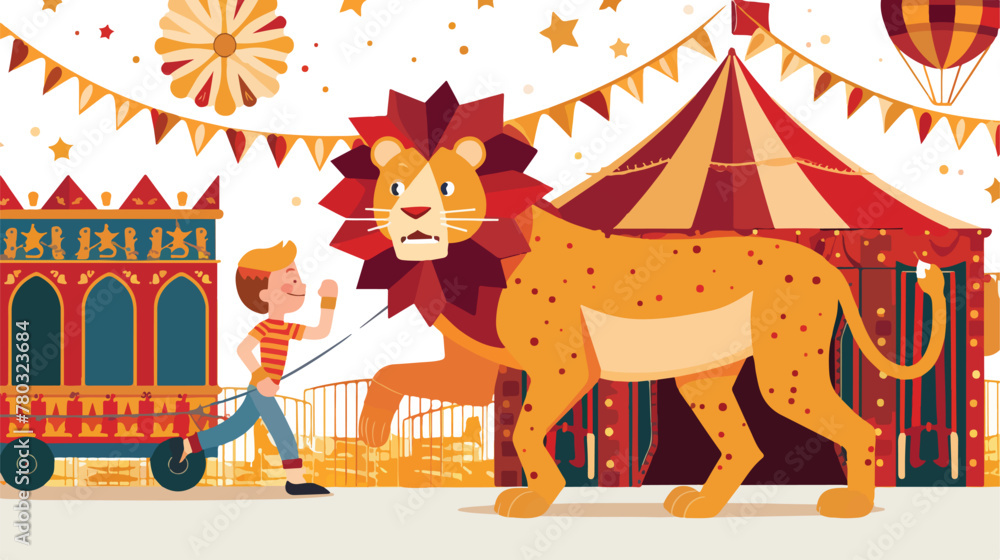 Cartoon tamer train a lion with circus background flat