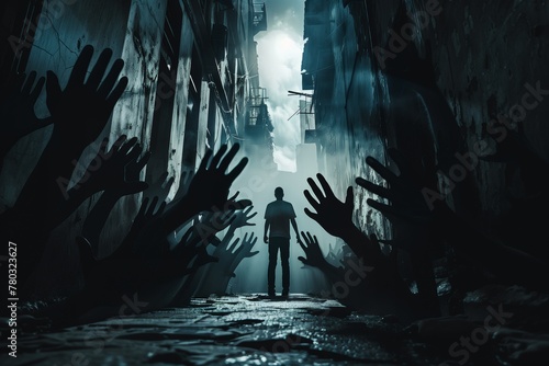 man standing in narrow alley with silhouetted hands reaching towards mystical light
