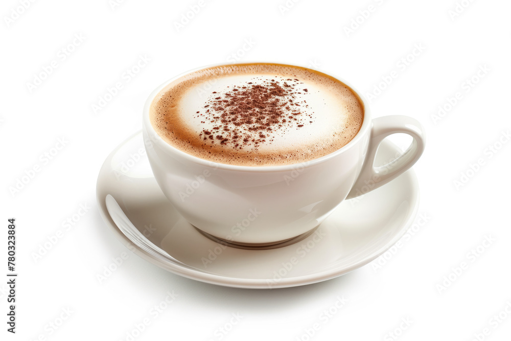 Cup of cappuccino on a white background. Coffee. Background image. Created with Generative AI technology. Cup of cappuccino on a white background. Coffee. Background image. Created with Generative AI technology.