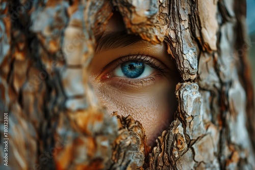 Mysterious gaze through natural bark textures, highlighting the human nature connection 