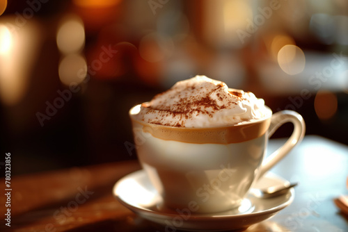 Cup of cappuccino with whipped cream on a wooden table in a sun light. Soft shadows. Coffee. Background image. Created with Generative AI technology.