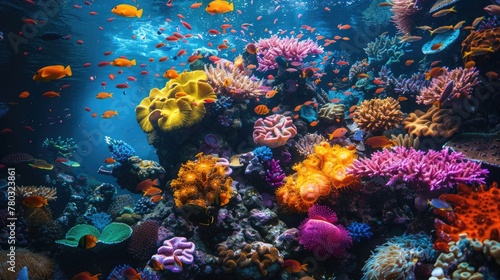 A close-up of a colorful coral reef with diverse marine life  showcasing the richness and fragility of marine ecosystems