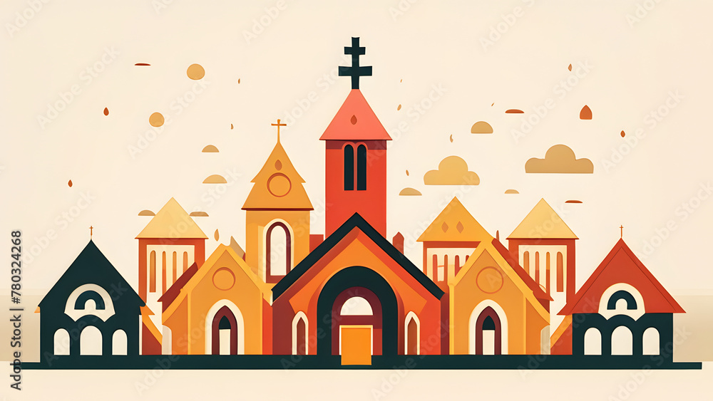 Church icon. Flat summer landscape. Church icon. Vector illustration for religion architecture design. Cartoon church building silhouette with cross, chapel, fence, trees. Flat summer landscape. Catho