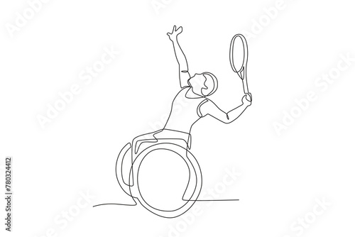 A tennis athlete using a wheelchair is hitting the ball.Parasport one-line drawing