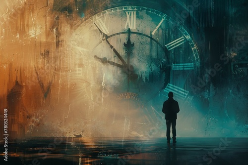 A man stands in front of an ancient clock, as time is running out in this conceptual, surreal fantasy illustration done in the style of dreamy color photo