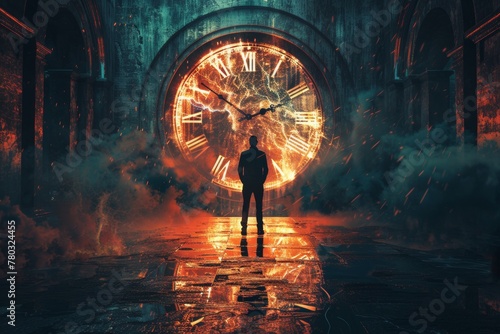 A man stands in front of an ancient clock, as time is running out in this conceptual, surreal fantasy illustration done in the style of dreamy color