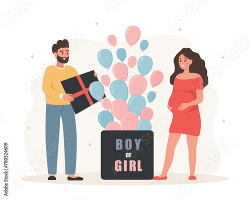 Gender reveal party. This twins. Couple opening surprise gift box with inscription Boy or girl. Family expecting unborn children. Blue and pink balloons. Baby shower. Cartoon vector illustration.