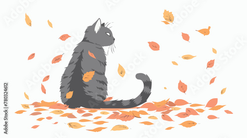 cat sitting in fallen autumn leaves flat vector 