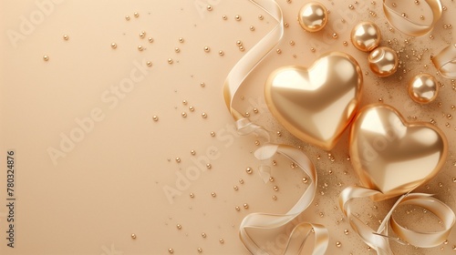 Elegant golden hearts and ribbons on a beige background with sparkles