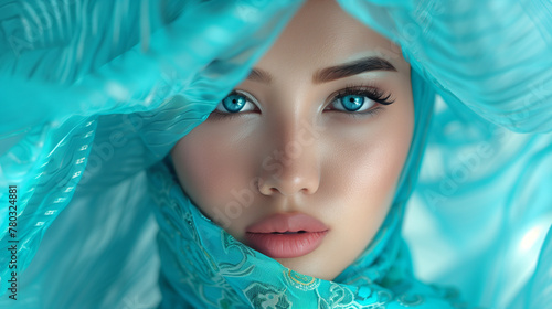 Muslim women, with their beautiful close up views, camera focus of faces and lips, fashion in Color Turquoise wedding, modern design illustrations