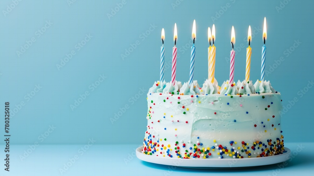 Birthday cake with 6 candles pastel blue birthday background with copy ...
