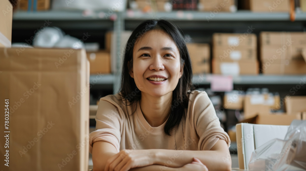 a business owner working at her desk, surrounded by stacks of shipping boxes a business owner working at her desk, surrounded by stacks of shipping boxes