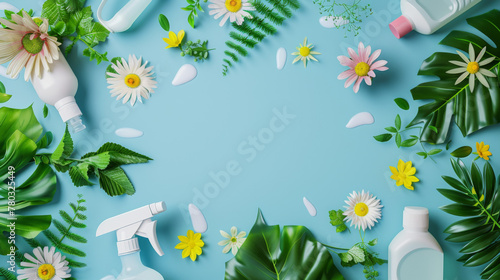 Colorful cleaning supplies and green leaves on a blue background with copy space for text photo