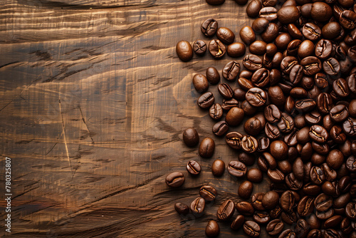 Coffee beans on a wooden table. Coffee. Background image with space for text. Created with Generative AI technology.
