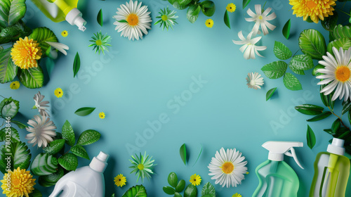 Colorful cleaning supplies and green leaves on a blue background with copy space for text photo