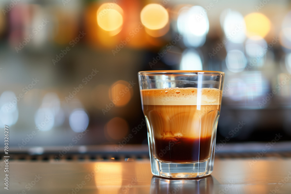 Glass of espresso in a bar. Coffee. Bokeh. Background image. Created with Generative AI technology. Glass of espresso in a bar. Coffee. Bokeh. Background image. Created with Generative AI technology.