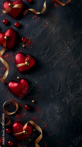 Luxurious heart-shaped boxes and golden ribbons on a dark backdrop