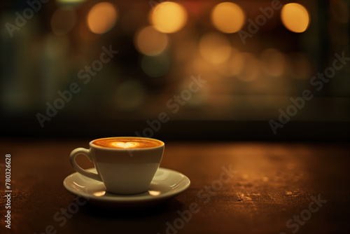 Cup of coffee on a wooden table. Bokeh. Background image. Created with Generative AI technology.