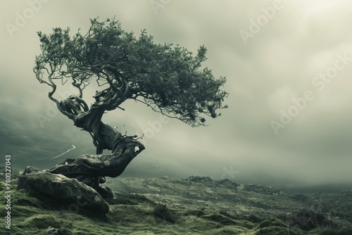 Solitary Tree Bent by Wind on a Moody Overcast Hillside
 photo