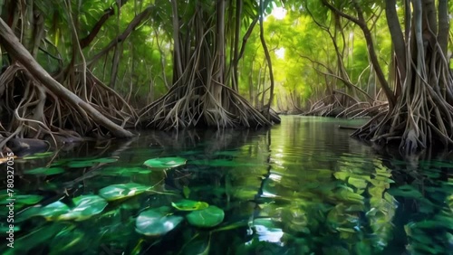 mangrove forest with delicate root branches photo