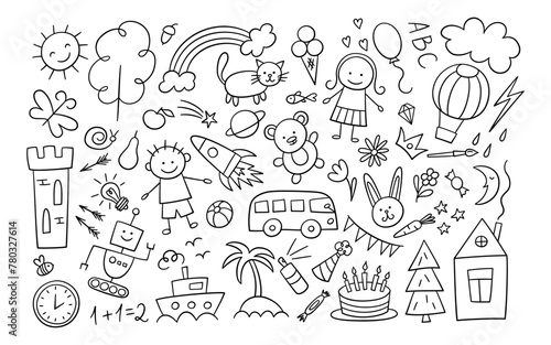 Children drawings set. Kid doodle elements. Boy, girl and robot. Sun in clouds, summer flowers, painted house and castle, cute cat and teddy bear. Line ship. Vector illustration on white background.