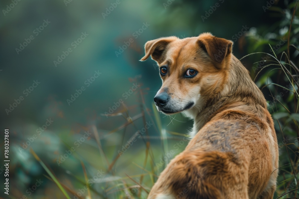 Alert Dog Turning to Look Back in Lush Greenery
