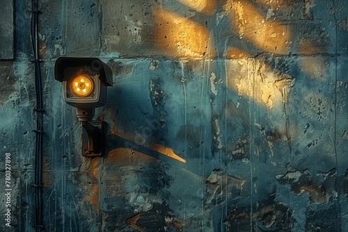 Illuminated Security Camera on Blue Wall