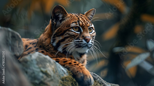 closeup of an Oncilla sitting calmly, hyperrealistic animal photography, copy space for writing