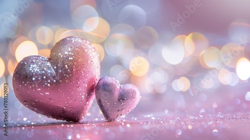 Two water droplet-covered hearts on a glittery surface with bokeh lights