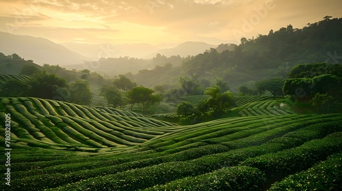 Sunrise Over Lush Tea Plantation Hills. Generative AI © Галя Дорожинська