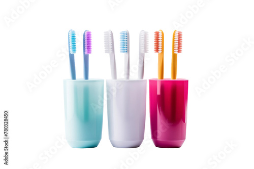Four Different Colored Toothbrushes in a Cup. On a White or Clear Surface PNG Transparent Background.