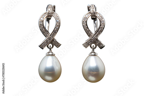 Elegant Diamond and Pearl Earrings. On a White or Clear Surface PNG Transparent Background.