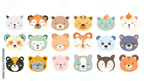 Cute animal face collection set flat vector 