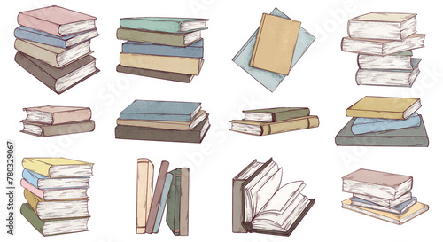 Books hand drawn illustrations set. Sketch art of books with empty pages isolated on white background. Art pencil style drawing.