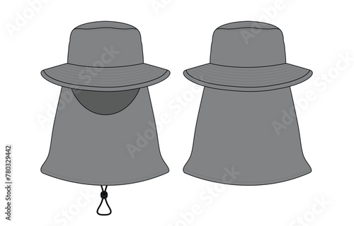 Gray bucket hat with a cover face-neck UV protection template on a white background. Front and back views, vector file.
