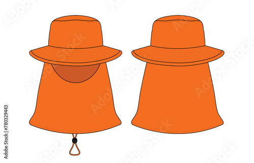Orange bucket hat with a cover face-neck UV protection template on a white background. Front and back views, vector file.