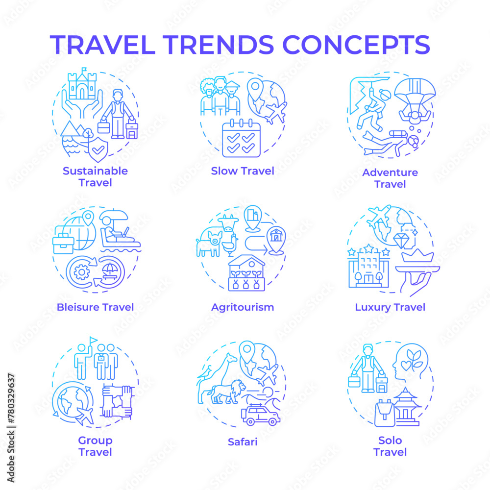 Travel trends blue gradient concept icons. Travel and hospitality industry. Mindful travel. Global tourism. Trip planning. Icon pack. Vector images. Round shape illustrations. Abstract idea