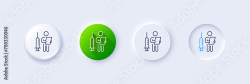 Vaccination announcement line icon. Neumorphic, Green gradient, 3d pin buttons. People vaccine syringe sign. Injection jab symbol. Line icons. Neumorphic buttons with outline signs. Vector photo
