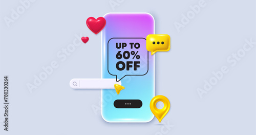 Social media phone app. Up to 60 percent off sale. Discount offer price sign. Special offer symbol. Save 60 percentages. Social media search bar, like, chat 3d icons. Discount tag message. Vector