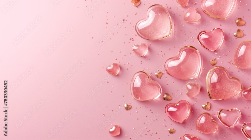 Glossy, translucent heart shapes with golden edges on a pink background. Glossy, translucent heart shapes with golden edges on a pink background.